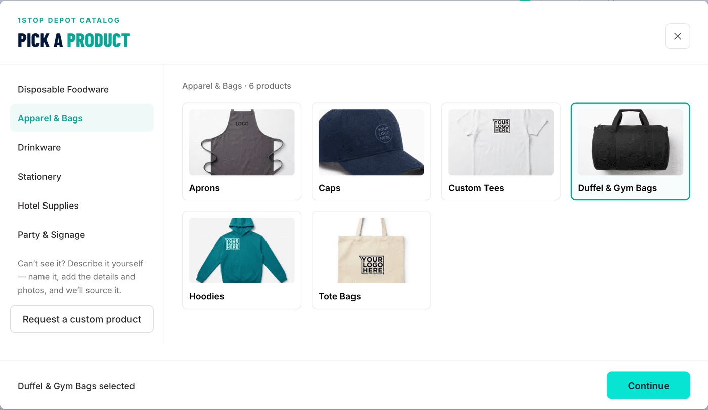 The 1Stop Depot catalog picker with Duffel & Gym Bags selected