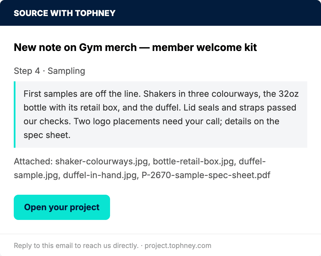 The email the client received: New note on Gym merch — member welcome kit, Step 4 · Sampling, with the files attached