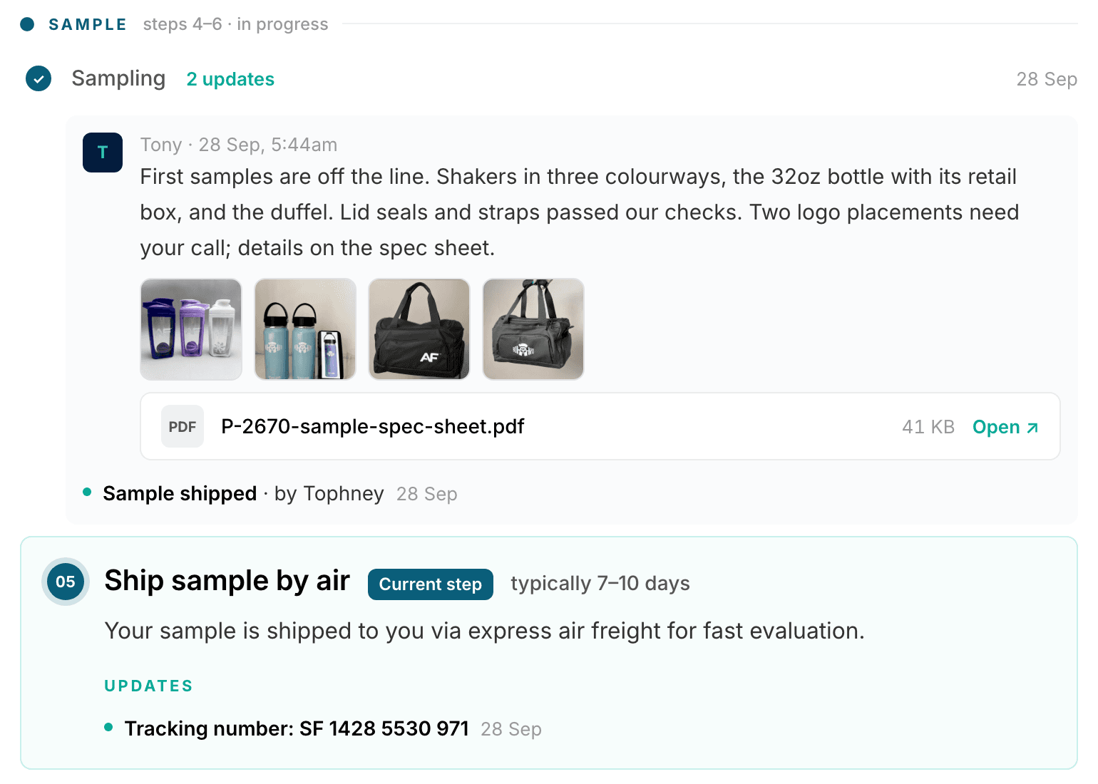 The Sampling step's updates: a note from the team, four sample photos and a PDF spec sheet, then Ship sample by air with its tracking number