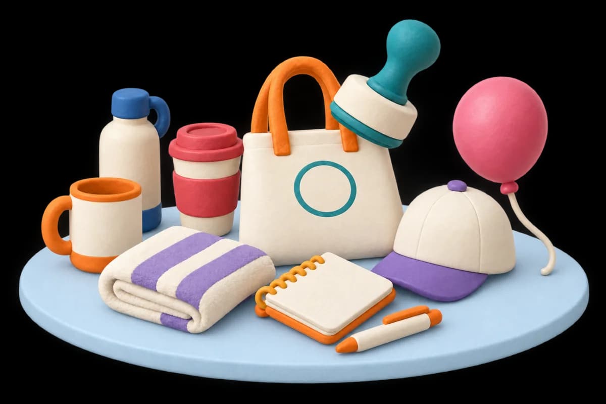 Clay illustration on a pale-blue platform: a stamp branding a pile of merchandise