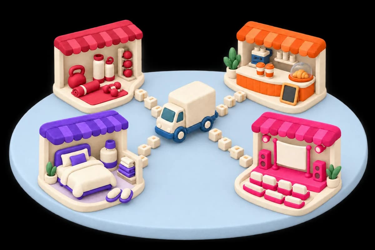 Clay illustration on a pale-blue platform: a gym, a café, a hotel room and an event stage, supplied by one delivery truck