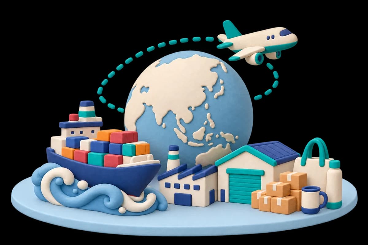 Clay illustration on a pale-blue platform: a globe with an ocean cargo ship, a plane, a factory, a warehouse and boxed goods