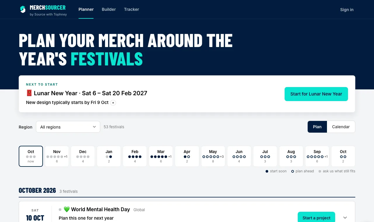 The MerchSourcer Planner: the next festival to start and a month-by-month strip of 53 festivals