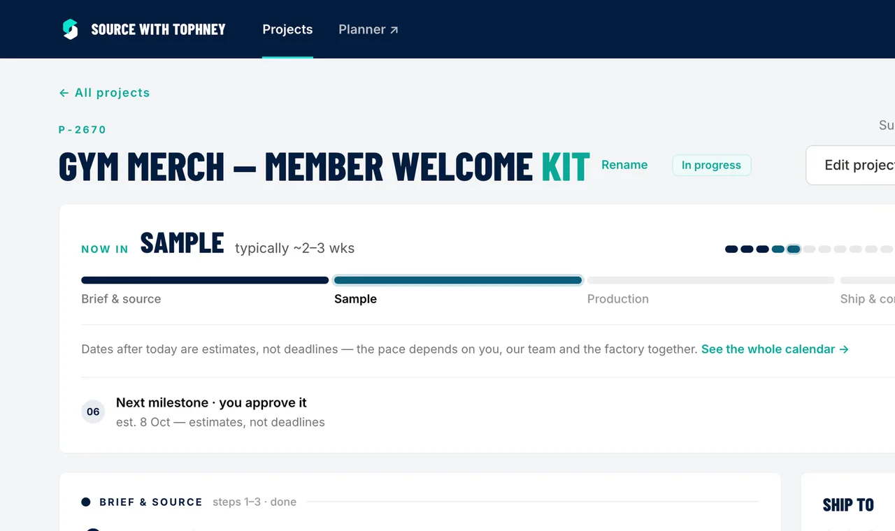 A MerchSourcer project page: the sample phase in progress on the 12-step timeline