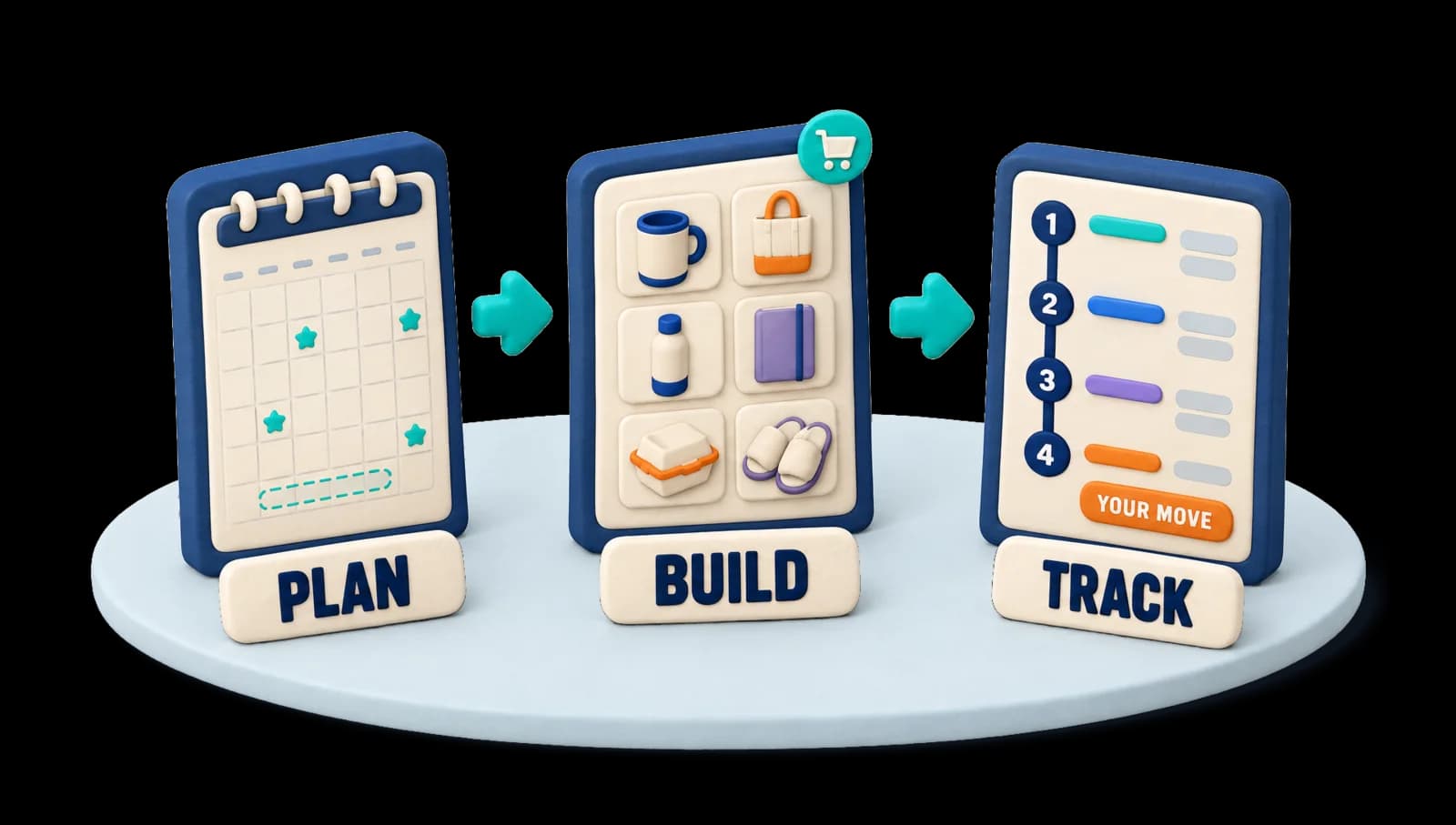 Plan, Build and Track: three clay screens on a pale-blue platform